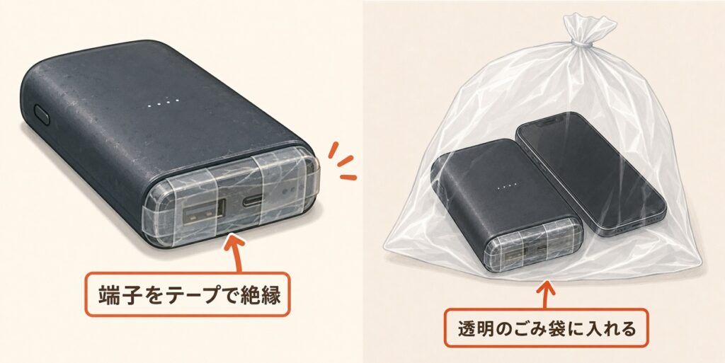 端子にテープを貼ったモバイルバッテリーと、透明袋に入れた状態のイラスト
