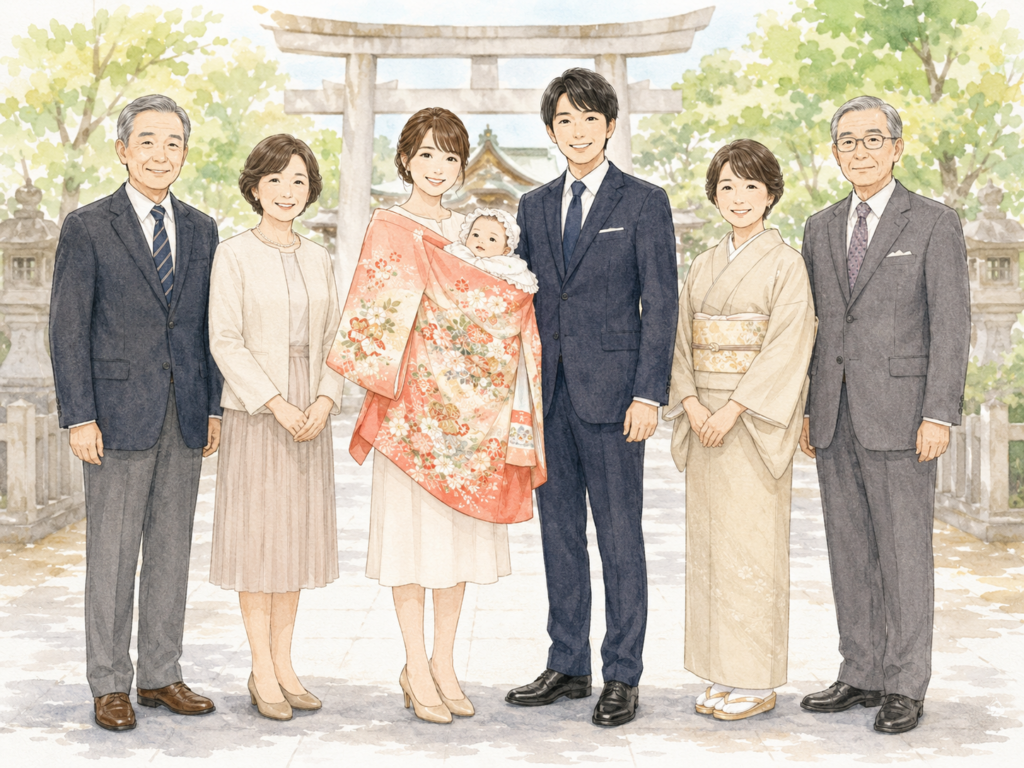 お宮参りの服装イメージ。赤ちゃん、両親、祖父母がそろった家族写真風の参考イラスト