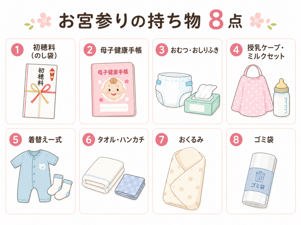 お宮参り当日の持ち物をまとめた参考イラスト。初穂料、母子健康手帳、おむつ、おしりふき、授乳ケープ、ミルクセット、着替え、タオル、おくるみ、ゴミ袋などの準備物を示している