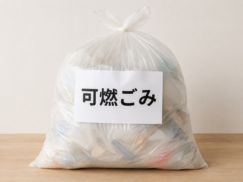 透明袋に可燃ごみと表示した見本